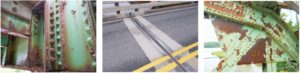 Three images of paint loss and debris on a bridge