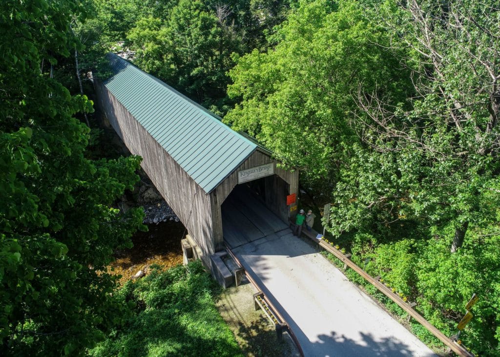 Drone image of Kingsley Covered Bridge
