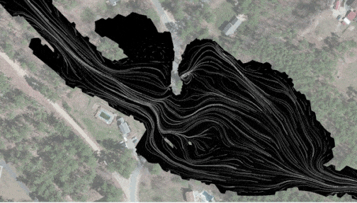 2D hydraulic image of black water on a map with white, moving lines showing water flow direction