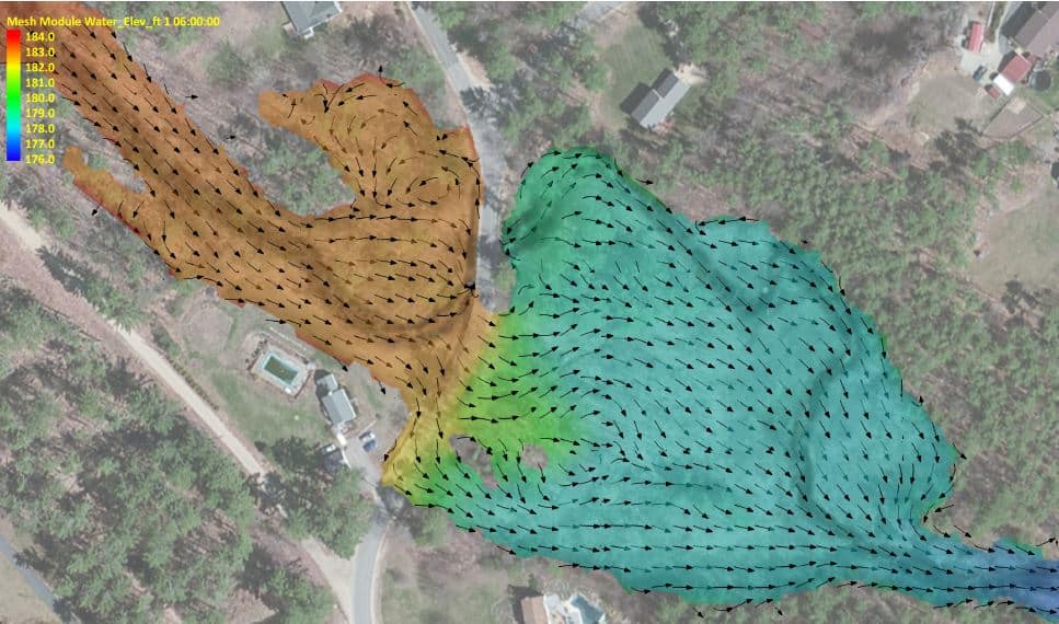 Image of colorful 2D hydraulic modeling image with arrows indicating which way water flows